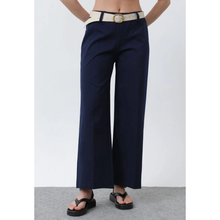 Kemerli Geniş Paça Lacivert Pantolon