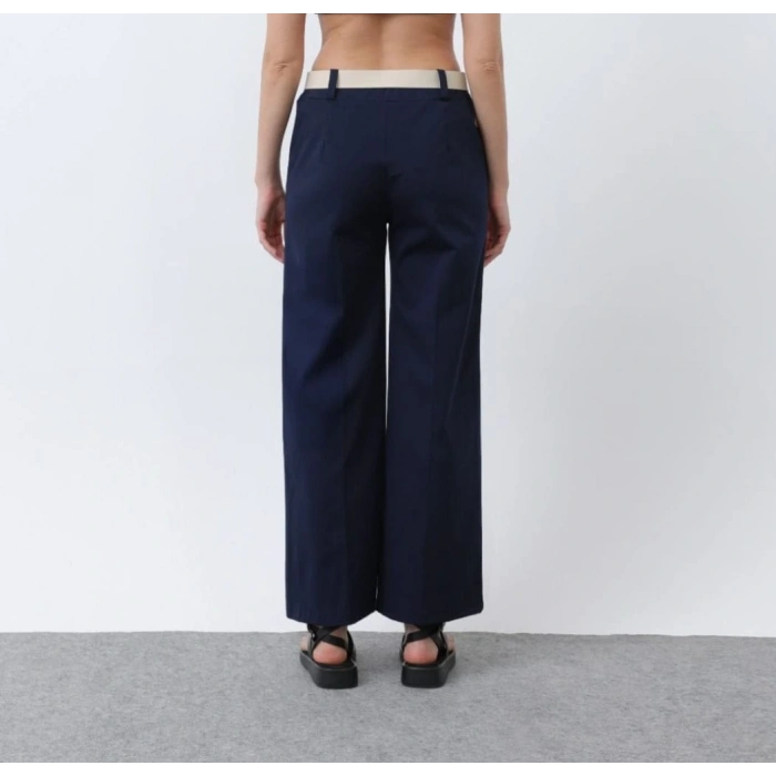 Kemerli Geniş Paça Lacivert Pantolon