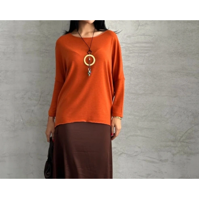 Kiremit Rengi Kayık Yaka Salaş Bluz