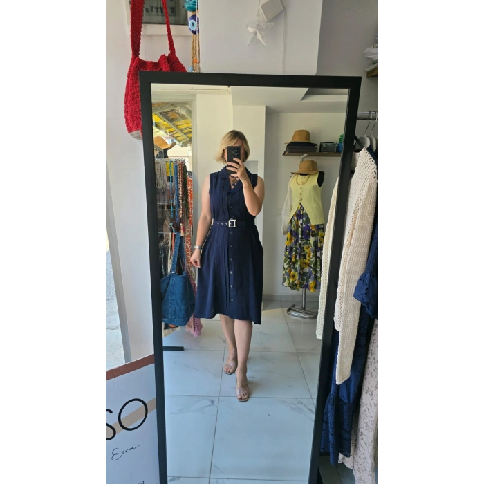 Kolsuz Kuşaklı Gömlek Elbise