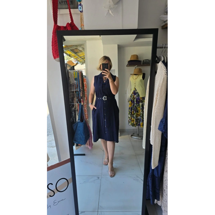 Kolsuz Kuşaklı Gömlek Elbise