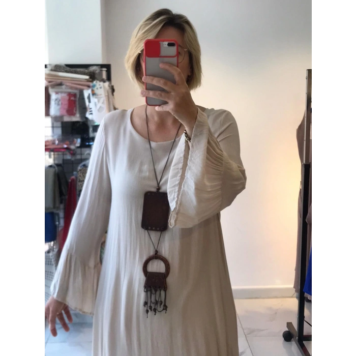 Krem Katmanlı Uzun Elbise