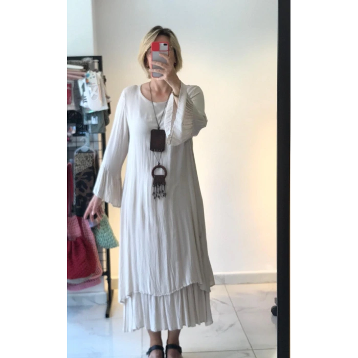 Krem Katmanlı Uzun Elbise