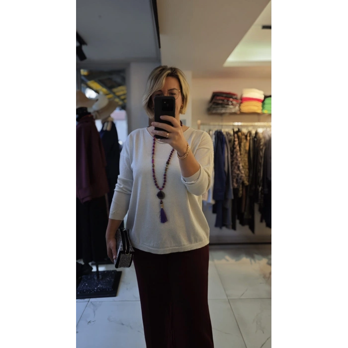 Krem Rengi Basic Işıltılı Triko