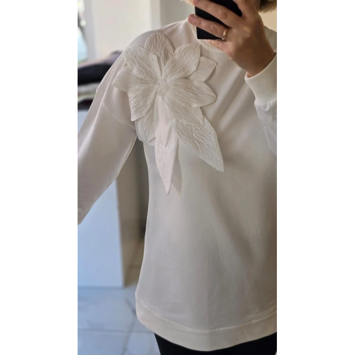 Kumaş Çiçekli Beyaz Sweatshirt