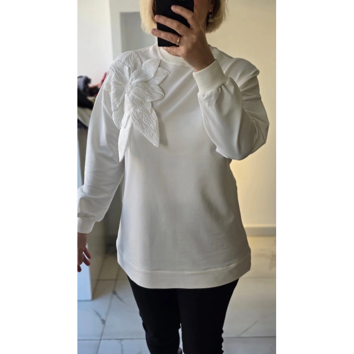 Kumaş Çiçekli Beyaz Sweatshirt