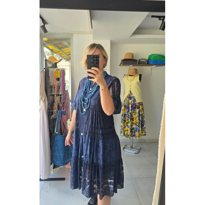 Lacivert Ajur İşlemeli Katmanlı Elbise