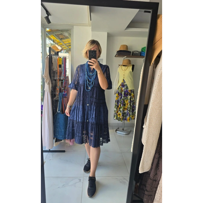 Lacivert Ajur İşlemeli Katmanlı Elbise