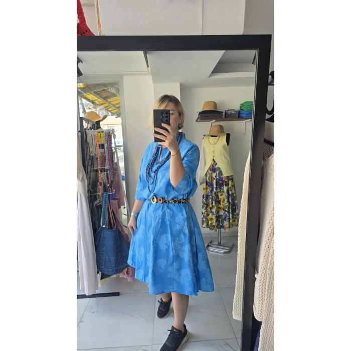 Mavi Kemerli Kloş Elbise