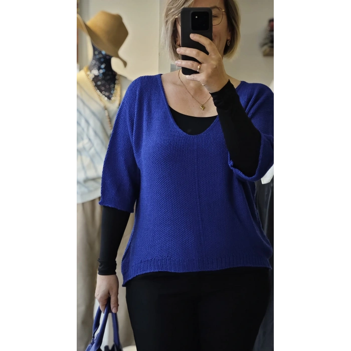 Mavi Örgü V Yaka Triko