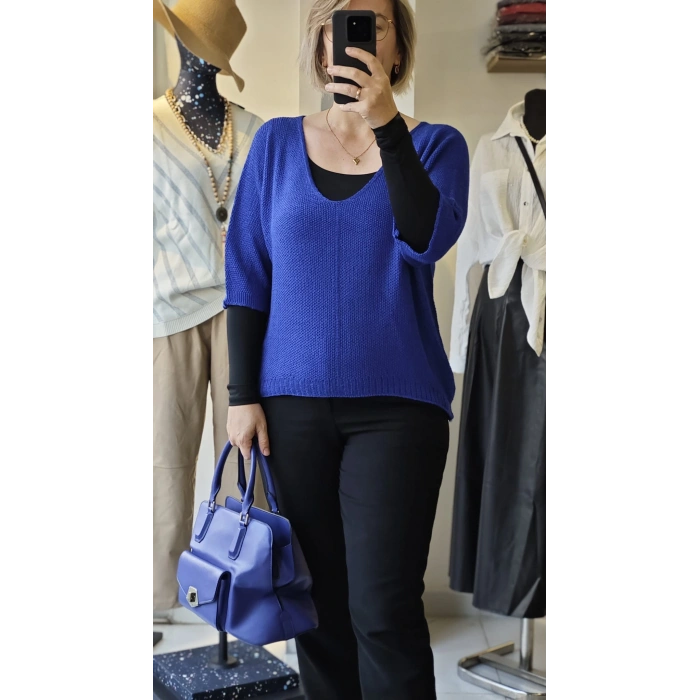 Mavi Örgü V Yaka Triko