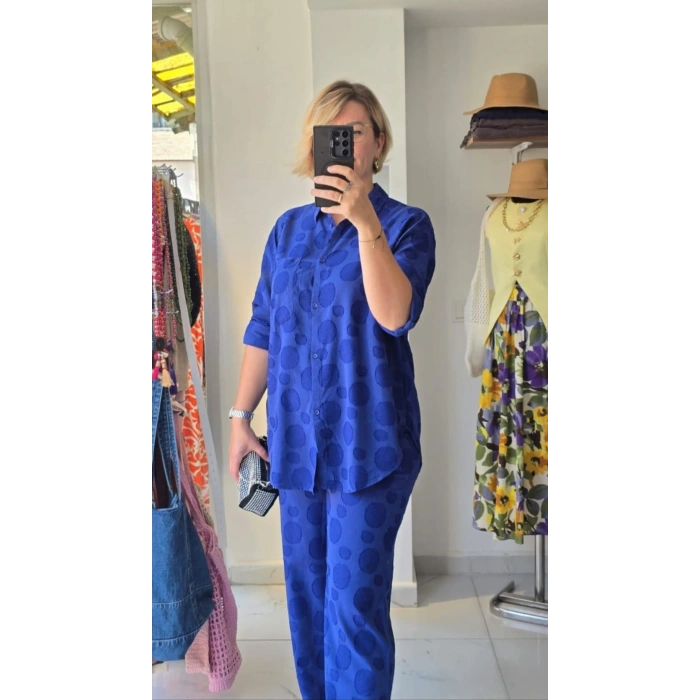 Mavi Puantiye Desenli Gömlek Pantolon Takımı