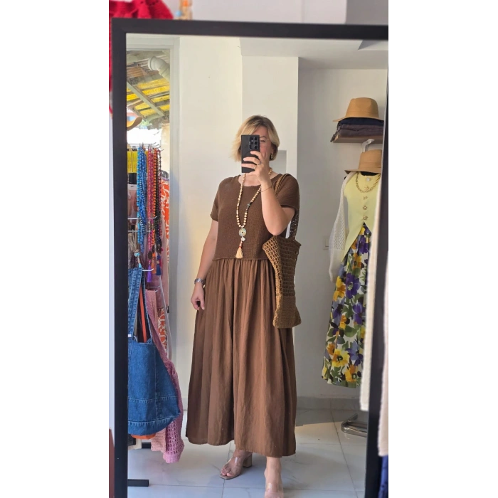 Örgü Detaylı Kahverengi Maxi Elbise