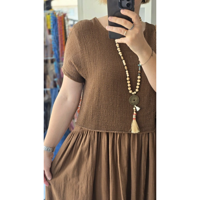 Örgü Detaylı Kahverengi Maxi Elbise