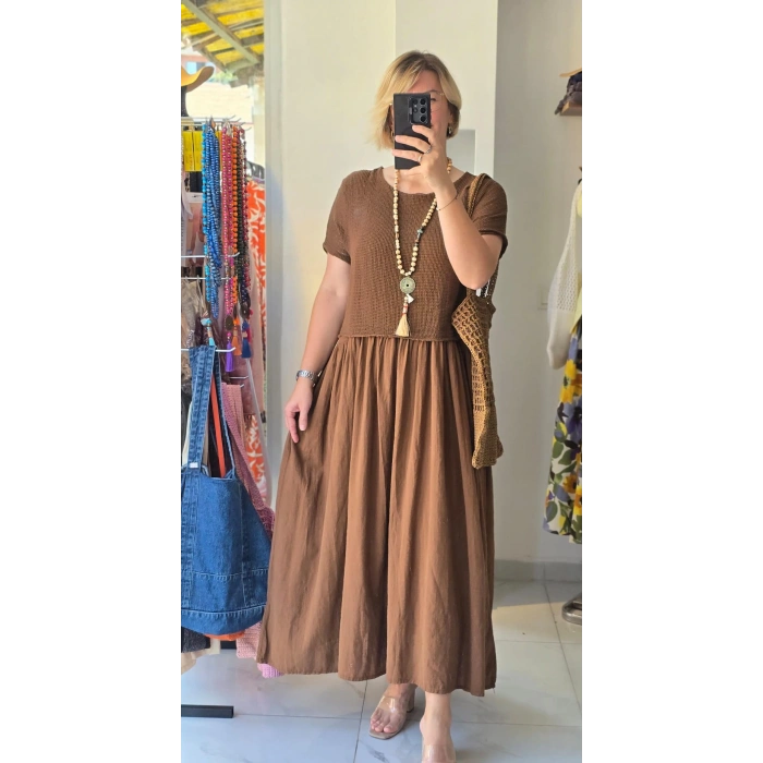 Örgü Detaylı Kahverengi Maxi Elbise