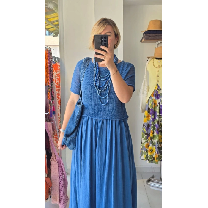 Örgü Detaylı Mavi Maxi Elbise
