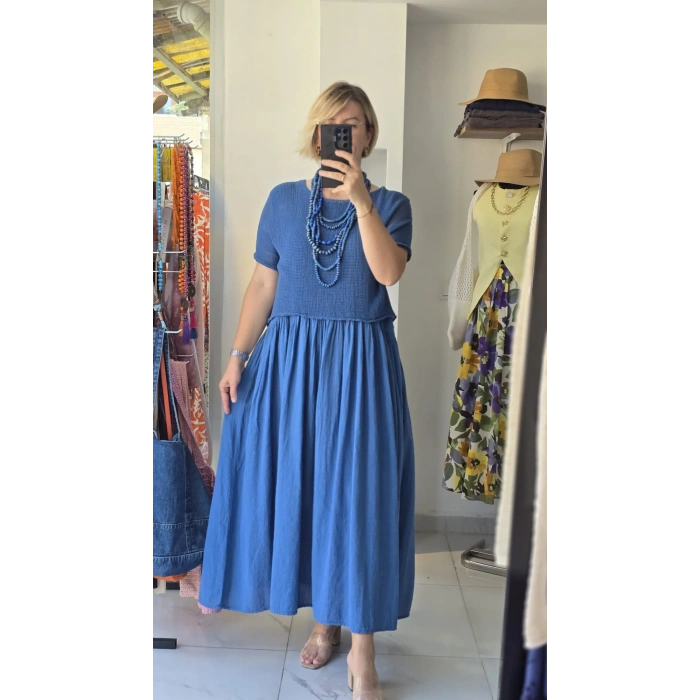 Örgü Detaylı Mavi Maxi Elbise
