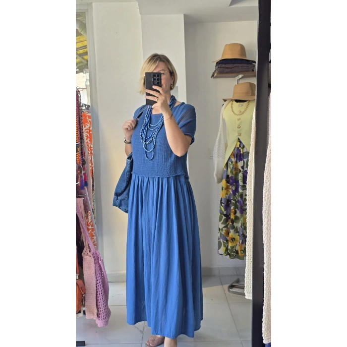 Örgü Detaylı Mavi Maxi Elbise