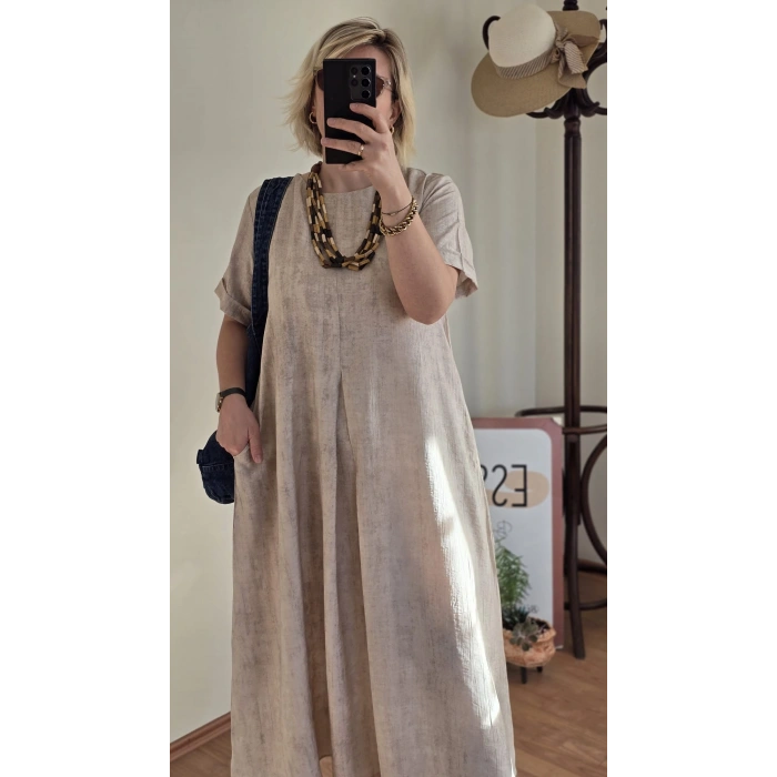 Oversize Kum Keten Elbise