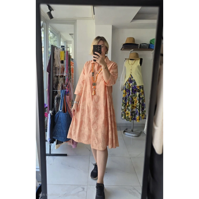 Şeftali Rengi Kuşaklı Desenli Elbise