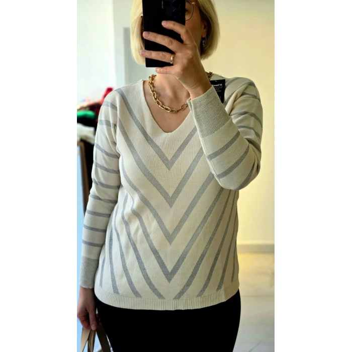 Simli Çizgili V Yaka Kazak