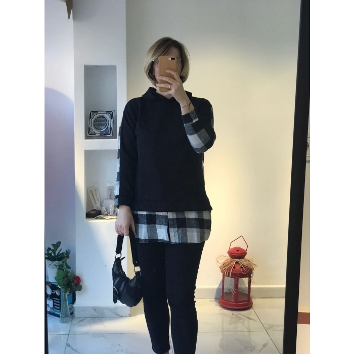 Siyah Ekose Detaylı Katmanlı Sweatshirt