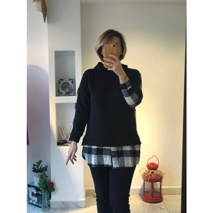 Siyah Ekose Detaylı Katmanlı Sweatshirt