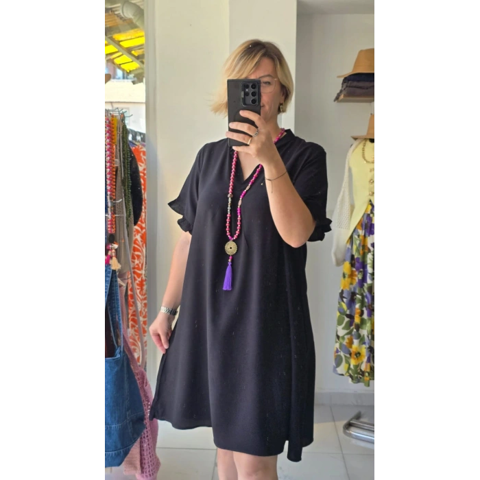 Siyah V Yaka Kısa Kollu Kloş Elbise