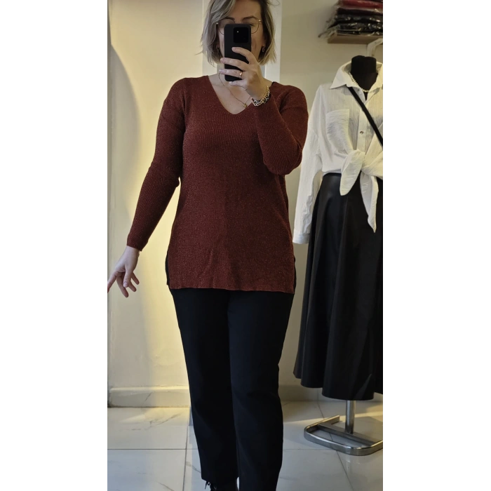 Tarçın Rengi Simli Triko