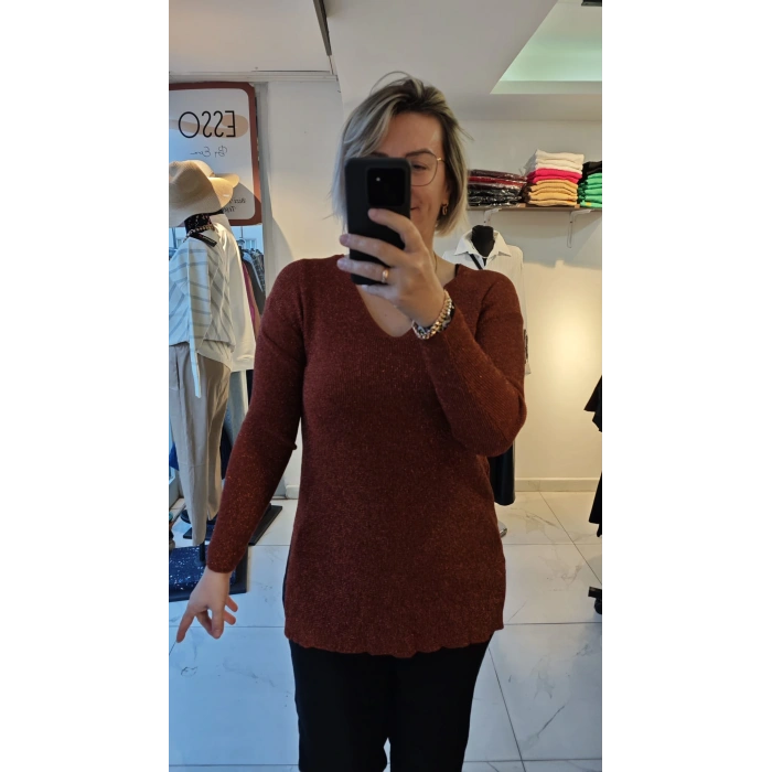 Tarçın Rengi Simli Triko