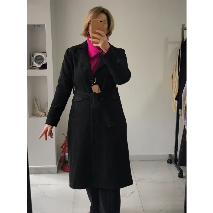 Uzun Siyah Kuşaklı Kaşe Kaban