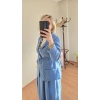 Mavi Beli Bağlamalı Keten Ceket