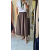 Kahverengi Lastikli Midi Kloş Etek