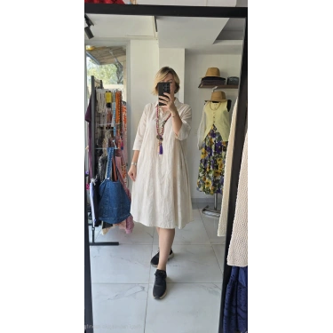 Açık Bej Kısa Kollu Gömlek Elbise