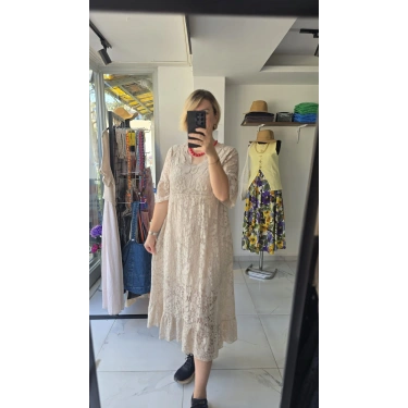 Bej Örme Üst Detaylı Maxi Elbise