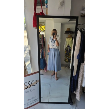 Açık Mavi Lastikli Midi Etek