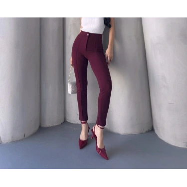 Bordo Yüksek Bel Skinny Pantolon