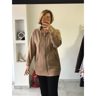 Camel Rengi Fermuarlı Kapüşonlu Hırka