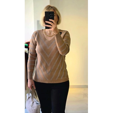Camel V Yaka Çizgili Triko