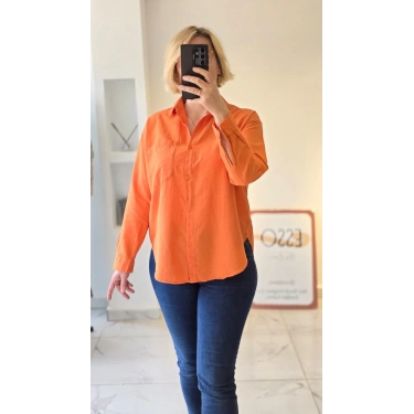 Canlı Turuncu Cepli Basic Gömlek