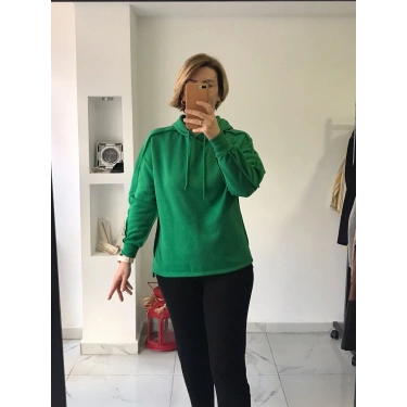 Canlı Yeşil Dikiş Detaylı Kapüşonlu Sweatshirt