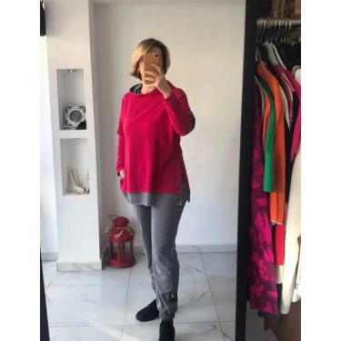 Fuşya Gri Kapüşonlu Sweat Takım