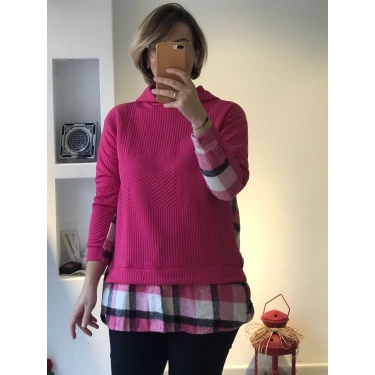 Fuşya Kapüşonlu Katmanlı Sweatshirt