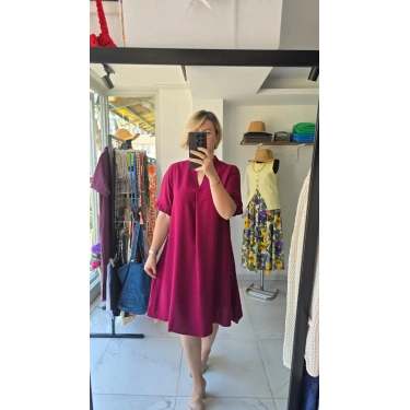 Fuşya V Yaka Kloş Elbise