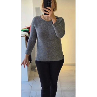 Gri Simli Yuvarlak Yaka Triko