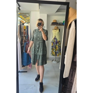 Haki Ajur İşlemeli Katmanlı Elbise