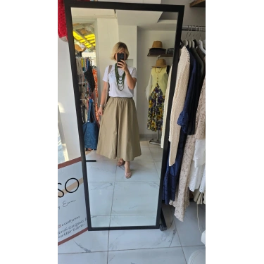 Haki Lastikli Midi Kloş Etek