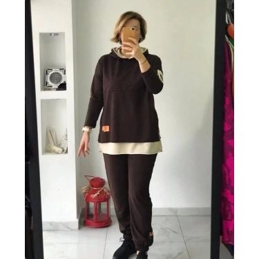 Kahve Krem Kapüşonlu Sweat Takım