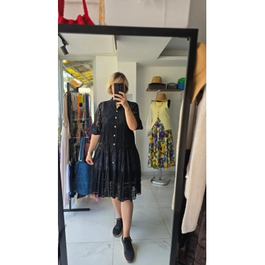 Kahverengi Ajur İşlemeli Midi Elbise