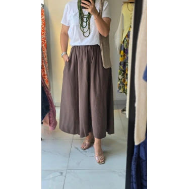 Kahverengi Lastikli Midi Kloş Etek